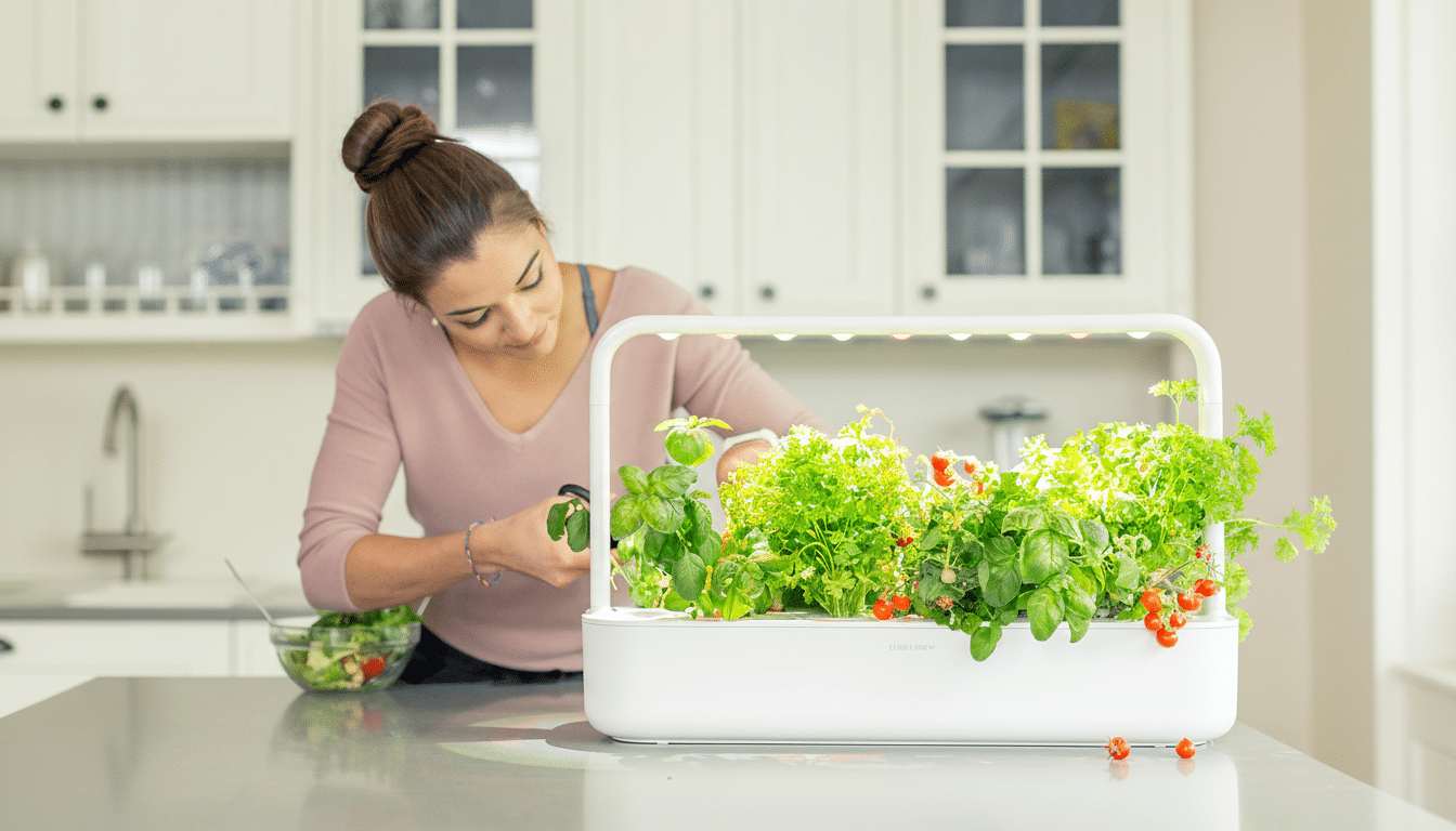 A woman tending to a smart indoor garden with various herbs and cherry tomatoes, with a bowl of salad nearby in a modern kitchen.