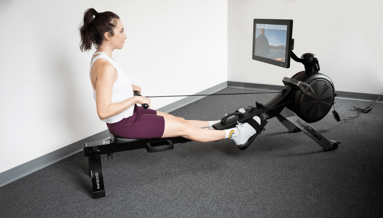 A woman in athletic wear sits on a black NordicTrack RW 900 rower , gripping the handle and extending her legs . A screen attached to the rower displays a scenic outdoor view. Filename : womannord ictrackrow er.png