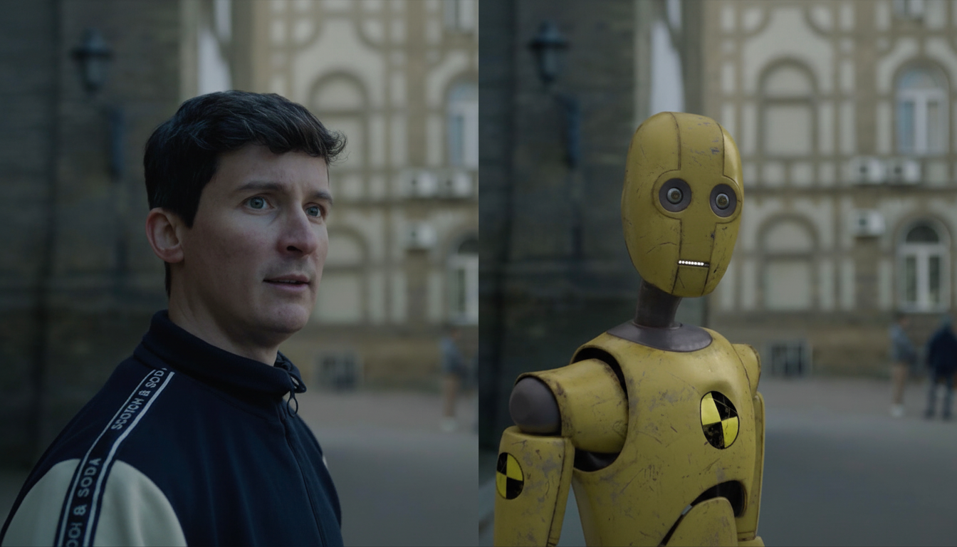 A man in a black and white jacket stands next to a yellow crash test dummy, both looking forward.