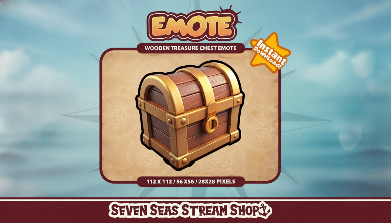 A professional, enhanced image of a wooden treasure chest emote with gold accents, set against a subtle, professional background. The EMOTE logo is at