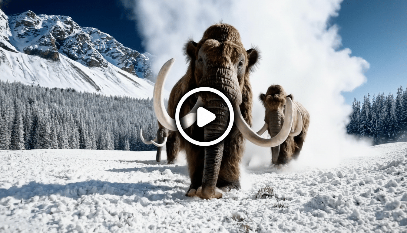 A family of wool ly mammoths walking through a snowy, mountainous landscape with evergreen trees.