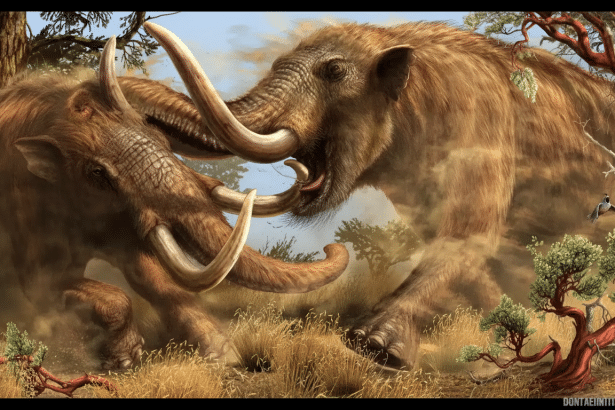 Two woolly mammoths with large tusks engaged in a struggle or play within a grassy, wooded prehistoric landscape.