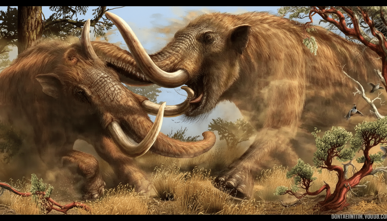 Two woolly mammoths with large tusks engaged in a struggle or play within a grassy, wooded prehistoric landscape.