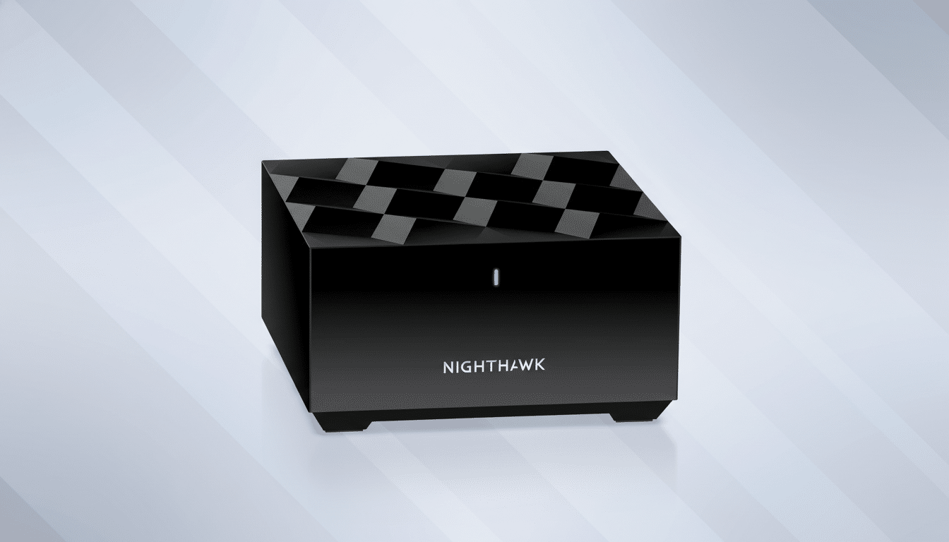 A black Nighthawk router with a blue indicator light on a professional flat gray background with subtle diagonal stripes. Filename : nighthawk routerprofessional . png