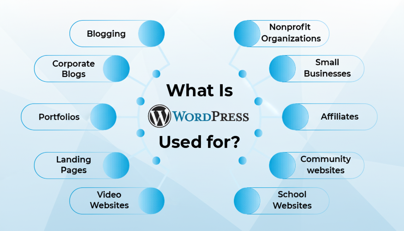 A diagram titled What Is WordPress Used for? showing various applications like Blogging, Nonprofit Organizations, Small Businesses, Affiliates, Community websites, School Websites, Video Websites, Landing Pages, Portfolios, and Corporate Blogs, all connected to the central WordPress logo.