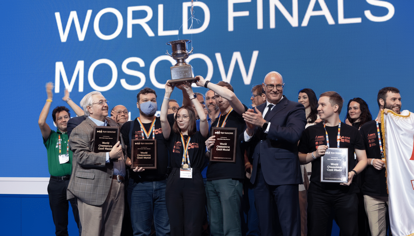 A group of people on a stage celebrating a victory , holding up a large trophy and gold medals. A man in a suit cl aps, and a large screen in the background reads  WORLD FINALS MOS COW.