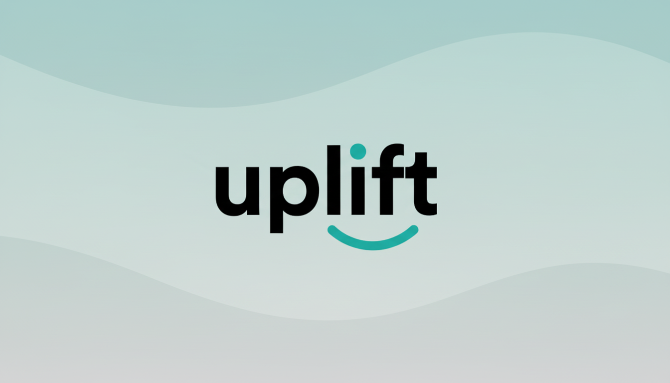The Uplift logo, featuring the word uplift in black lowercase letters with a teal dot over the i and a teal curved line under the l and i, centered on a professional flat design background with soft, light blue-green wavy patterns.
