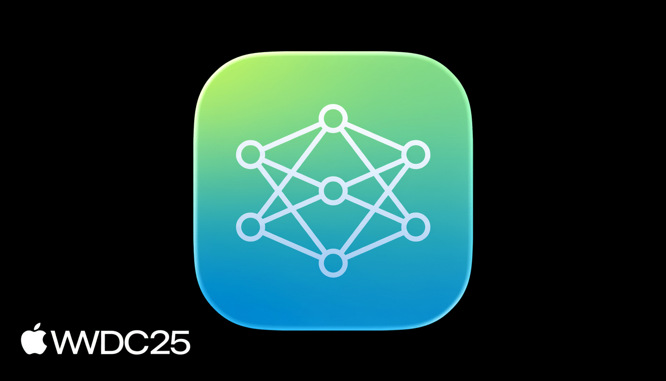 An app icon with a neural network design, featuring a green to blue gradient, set against a black background with the Apple logo and  WW DC25 in the bottom left corner .