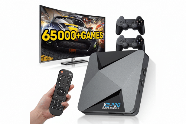 An X 2-Pro Super Console gaming system , including a flat - screen TV displaying a racing game with 6500 0+ GAMES text, two black game controllers, and a hand holding a remote control, all on a white background .