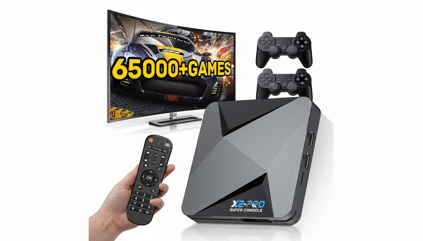 An X 2-Pro Super Console gaming system , including a flat - screen TV displaying a racing game with 6500 0+ GAMES text, two black game controllers, and a hand holding a remote control, all on a white background .