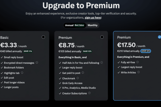 A dark mode screenshot of a premium subscription page with three tiers : Basic, Premium , and Premium+. The Premium+ tier is highlighted, showing a monthly cost of €17 .50, billed annually at €2 10, with a 12 % saving.