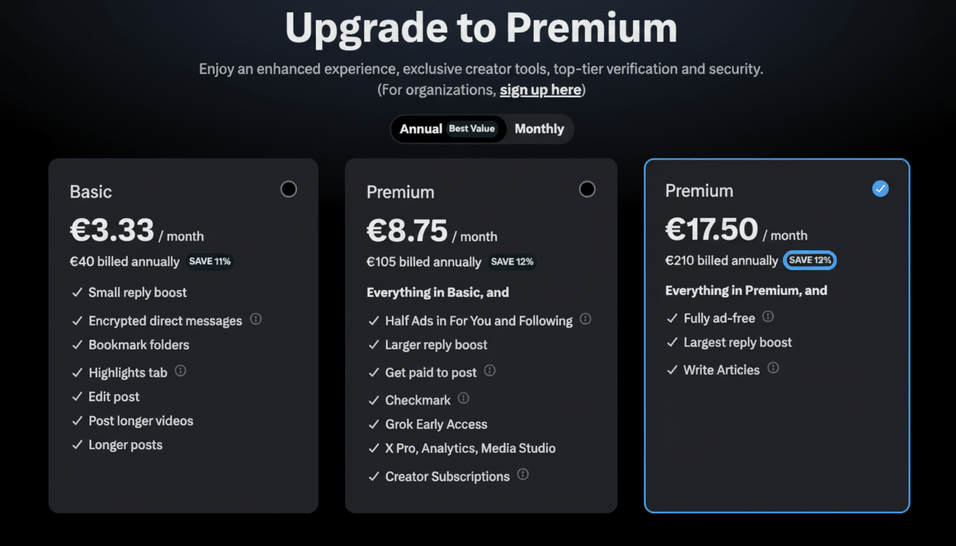 A dark mode screenshot of a premium subscription page with three tiers : Basic, Premium , and Premium+. The Premium+ tier is highlighted, showing a monthly cost of €17 .50, billed annually at €2 10, with a 12 % saving.