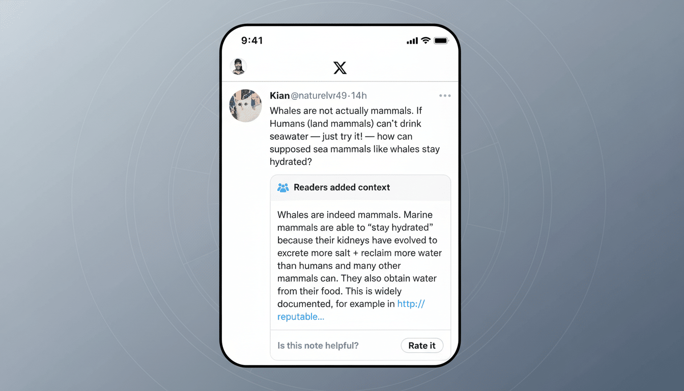 A professional, enhanced image of an X ( formerly Twitter) post with a Readers added context box correcting a tweet about whales not being mammals and