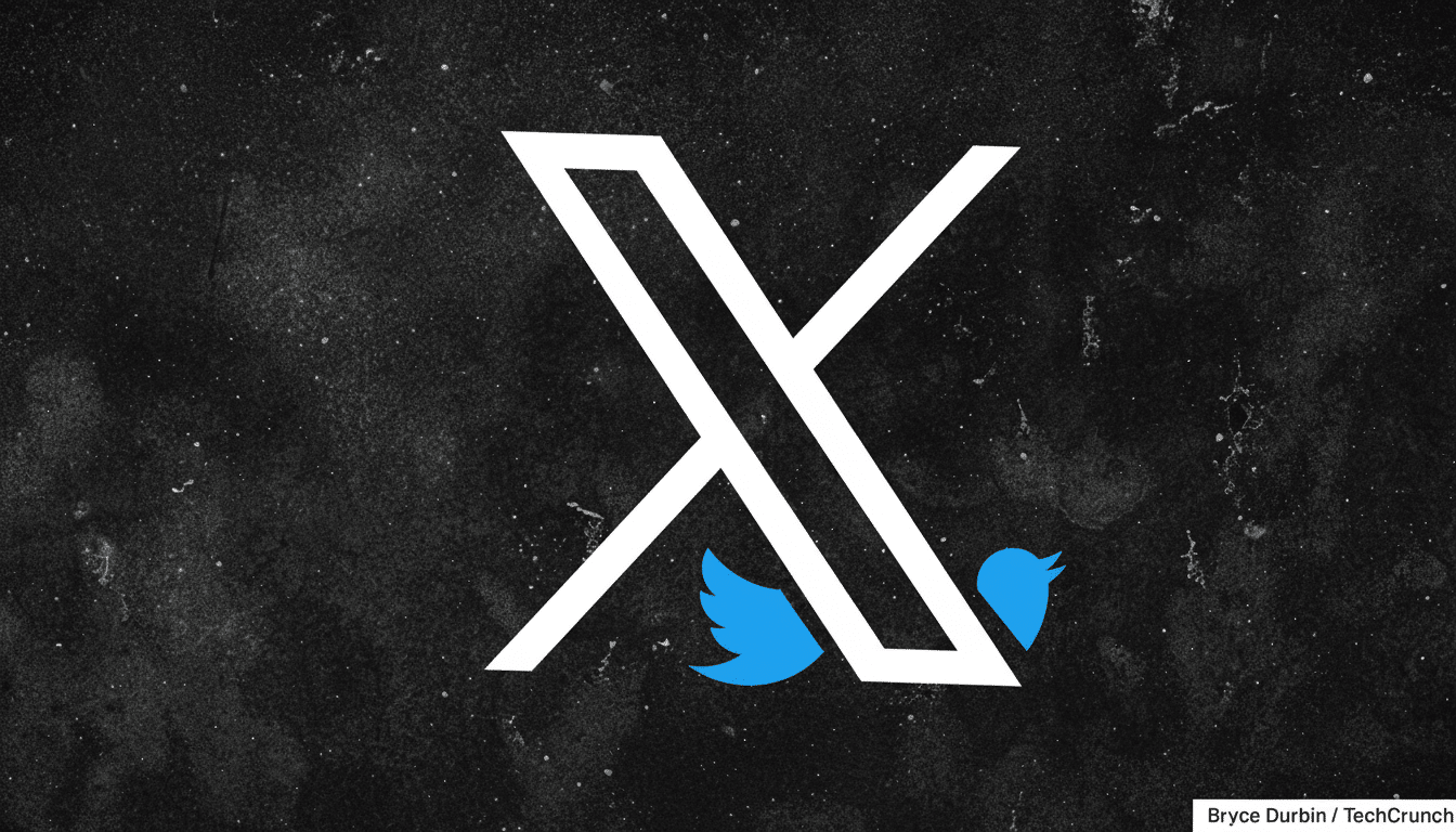 A white  X logo with a blue Twitter bird icon underneath, set against a dark, textured background.