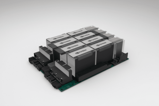 An NVIDIA DGX Station A 100 server on a white background, featuring a compact cluster of GPUs .
