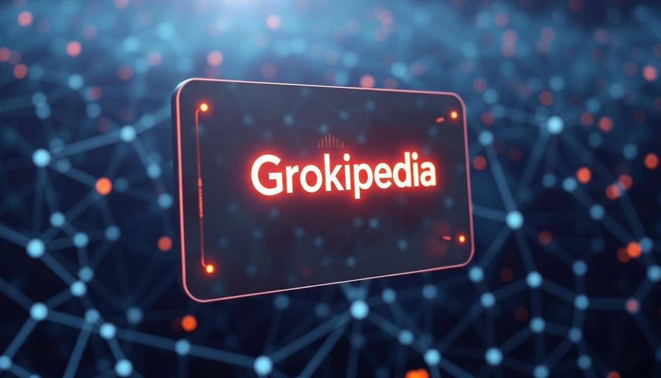 The Grokipedia logo, a glowing red text on a dark rectangular panel with a subtle red border, is centered against a blurred background of interconnected blue and orange dots, suggesting a network or digital interface.