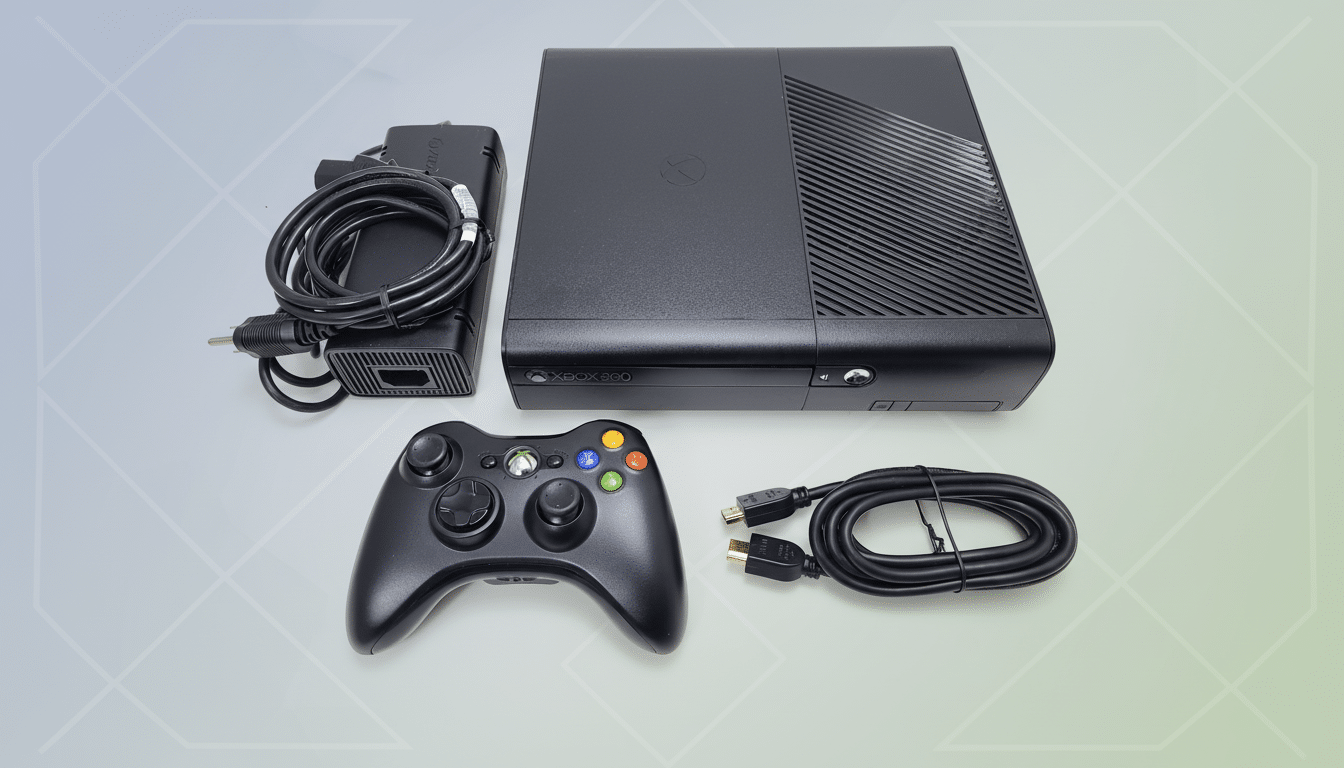 An Xbox 3 60 console, controller, power brick, and cables are neatly arranged on a professional light gradient background with subtle geometric patter