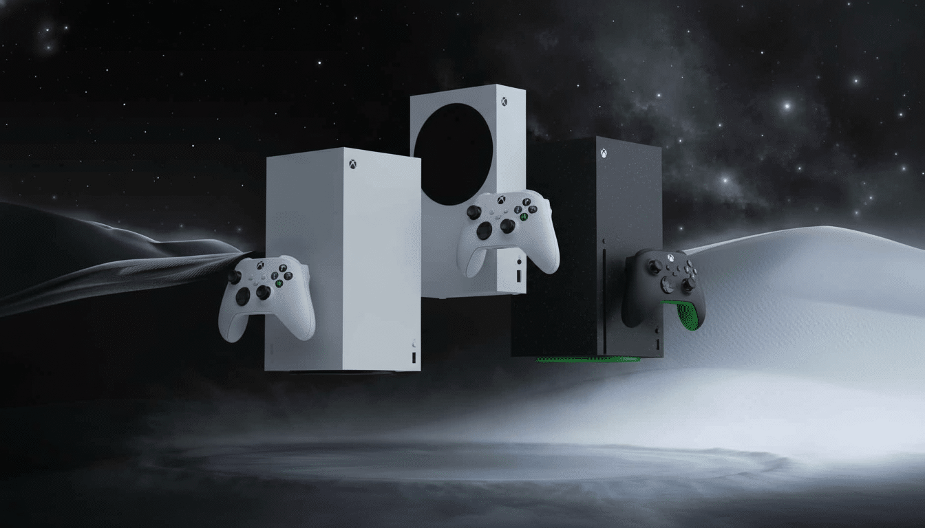 Two Xbox Series X and two Xbox Series S consoles with their respective controllers floating against a dark and light background with a starry sky on the dark side and sand dunes on both sides. Filename : xboxconsol esand controllers.png