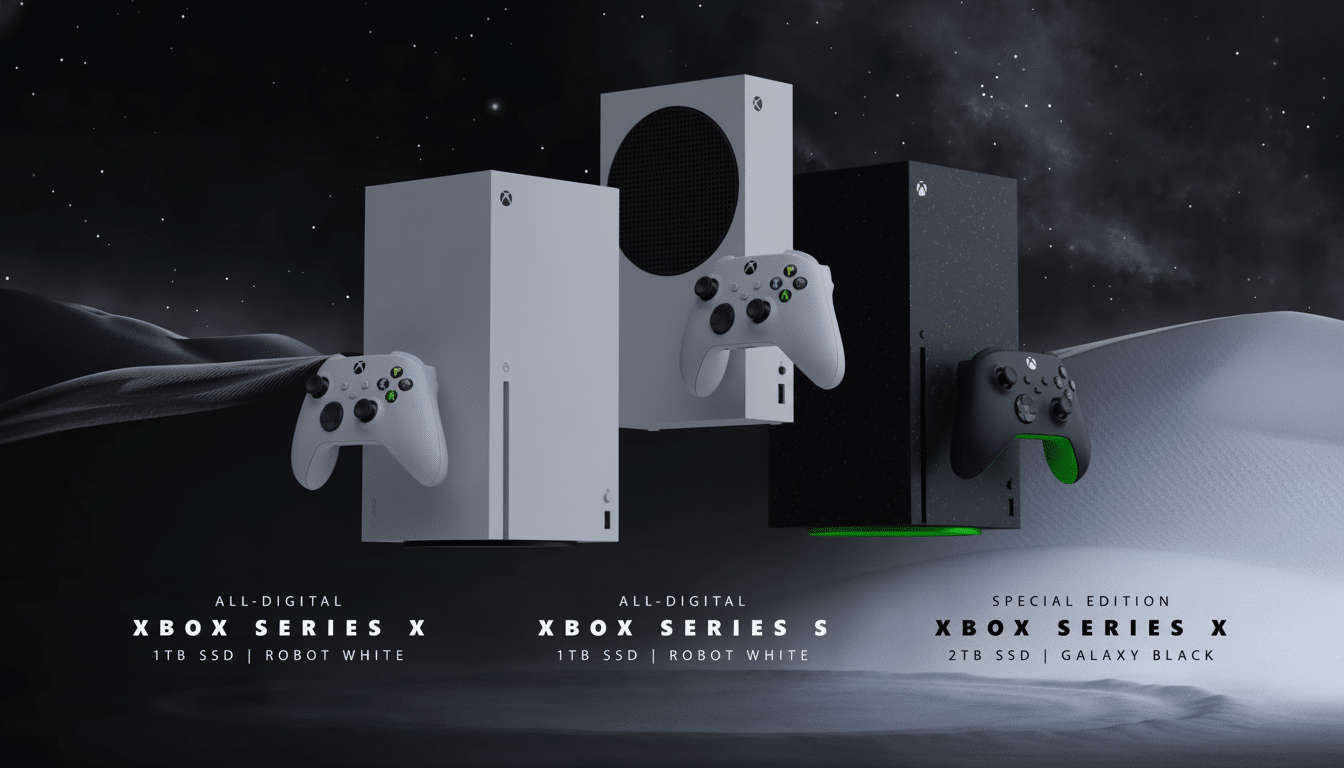 A professional image showcasing three Xbox consoles: two white Xbox Series X and S models with matching controllers , and a special edition black Xbox Series X with a black and green controller, all set against a dark , starry background with subtle wavy terrain. Filename : xboxconsol esprofessional display .png