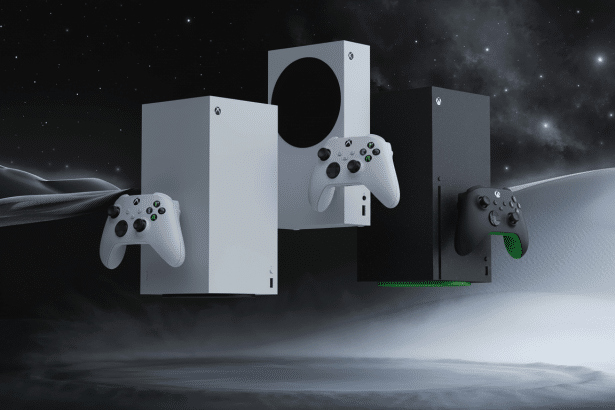 Two Xbox Series X consoles in black and white, and two Xbox Series S consoles in white, are arranged with matching controllers, floating against a stylized black and white landscape with a starry sky.