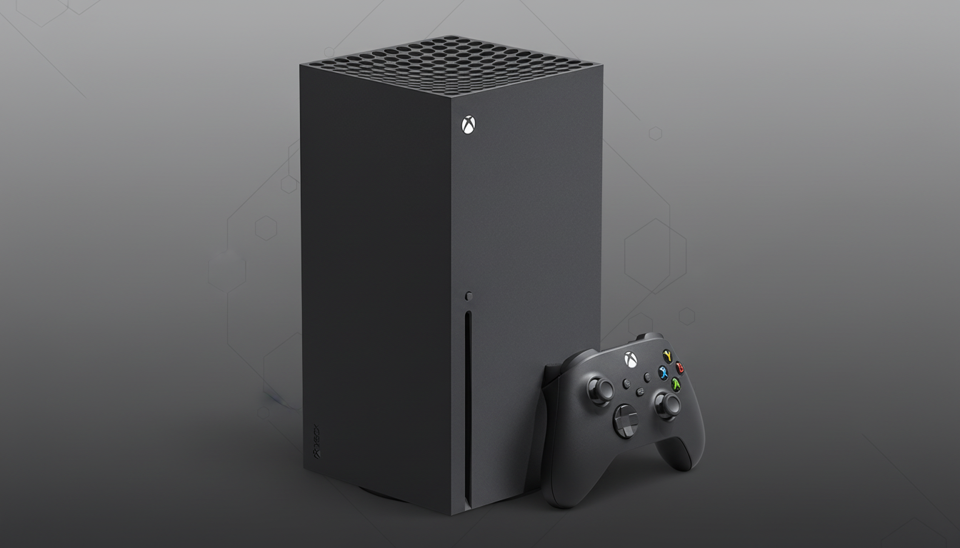 A black Xbox Series X console stands upright next to a matching black Xbox wireless controller, set against a professional gray background with subtle geometric patterns.