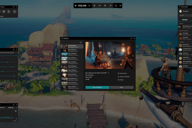 Screenshot of a computer screen showing the Xbox Game Bar interface with various widgets, including broadcast and capture settings, audio mixer, perfo
