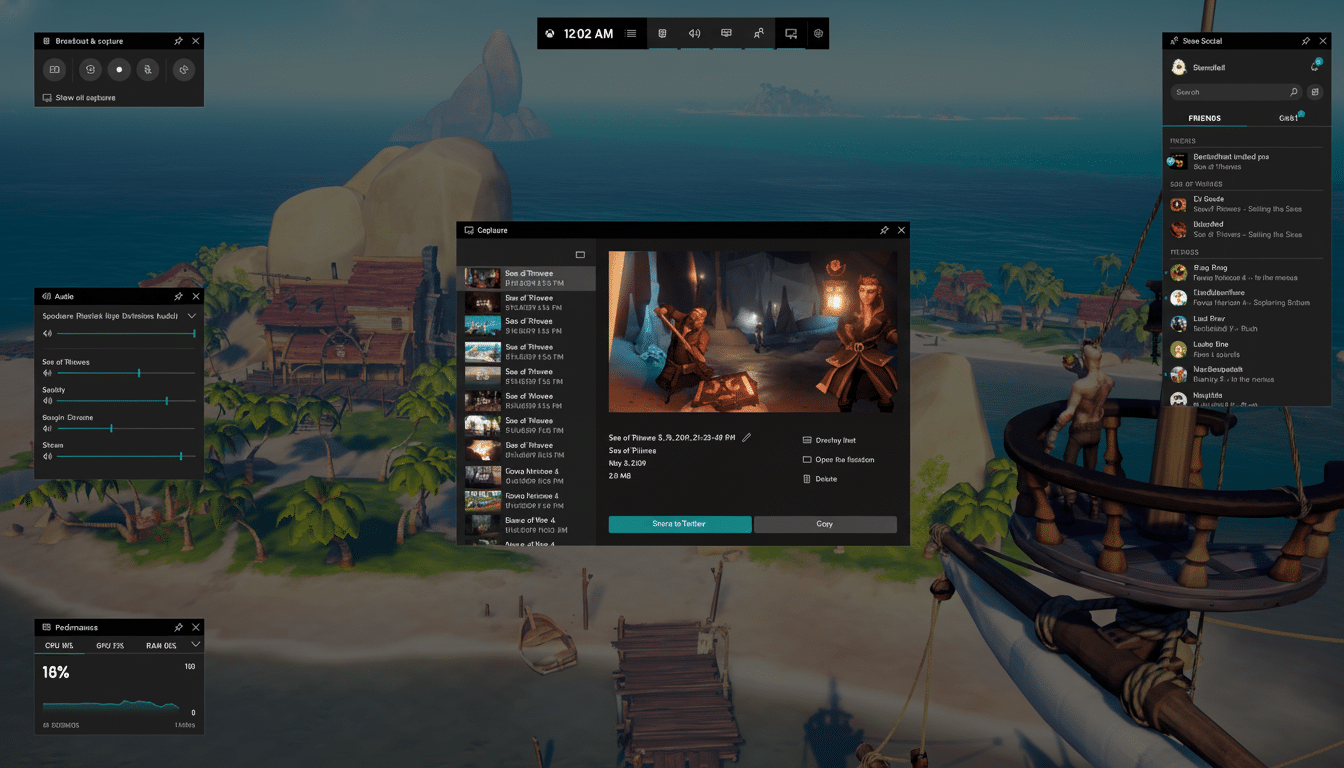 Screenshot of a computer screen showing the Xbox Game Bar interface with various widgets, including broadcast and capture settings, audio mixer, perfo