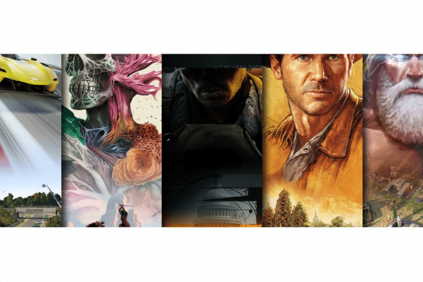 A collage of five vertical video game art panels, featuring a yellow race car, a skull with growing plants , a shadowy figure , an adventurer , and a bearded deity with glowing eyes .