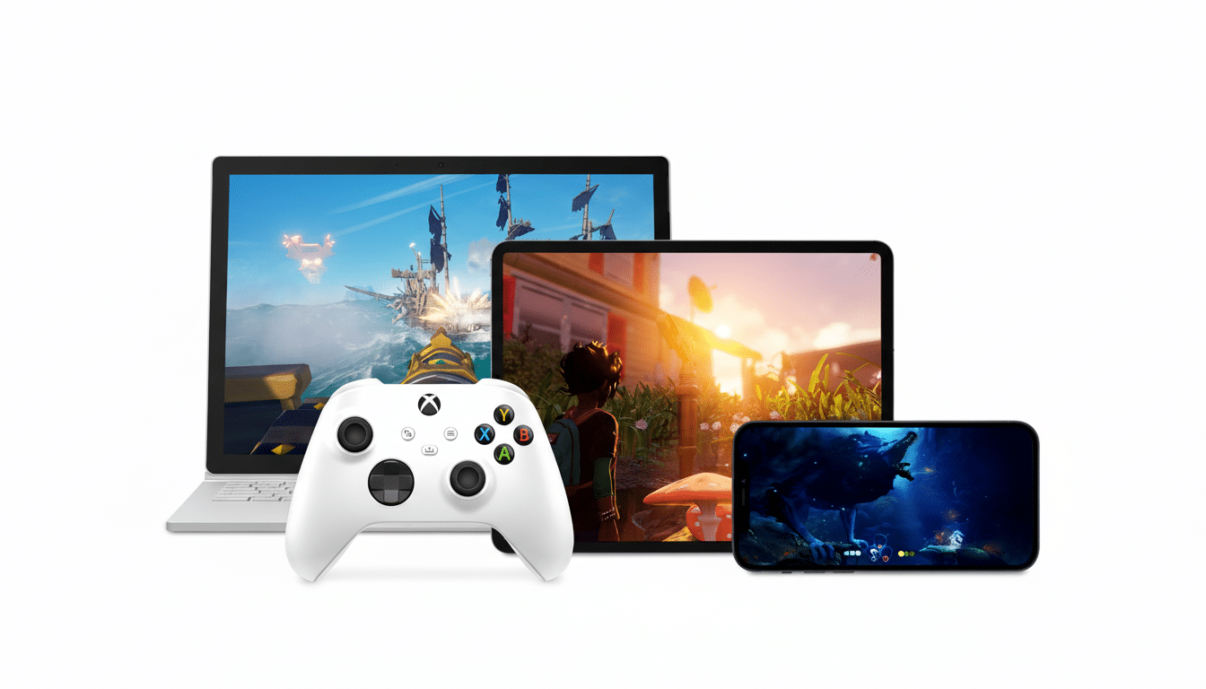 An Xbox wireless controller positioned in front of a laptop, tablet, and smartphone, all displaying various video games.