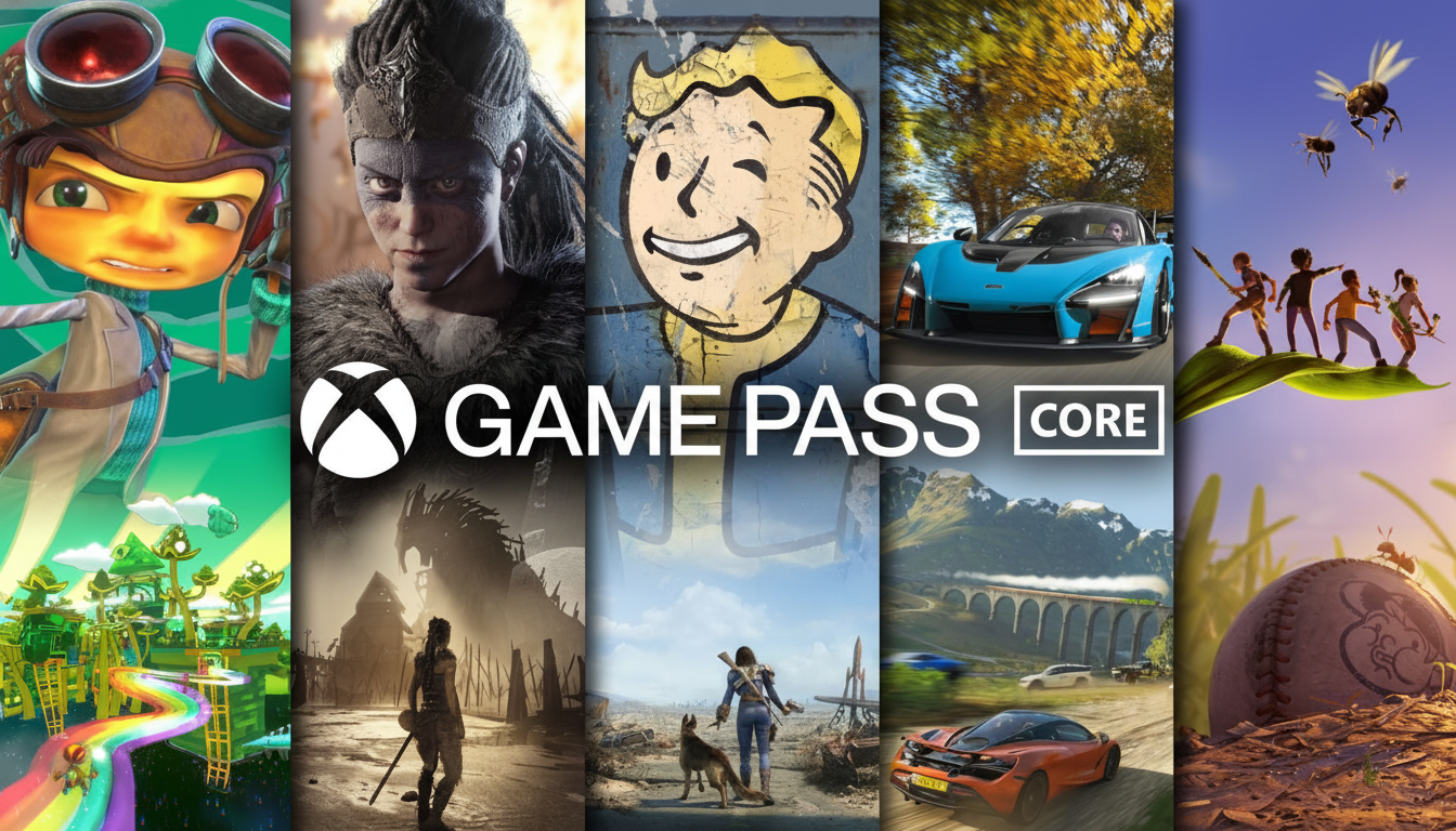 A collage of video game images with the Xbox Game Pass Core logo in the center, resized to a 16:9 aspect ratio.