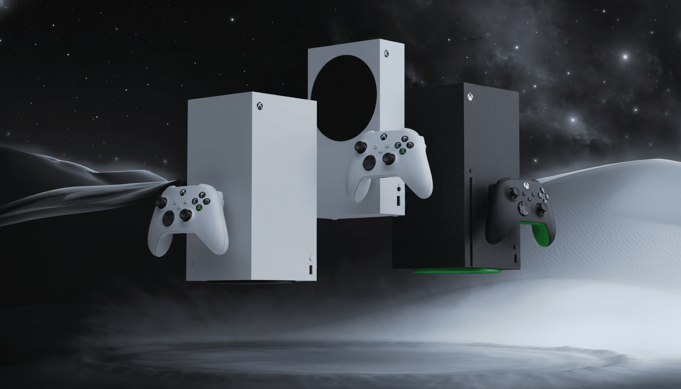 Two Xbox Series X consoles in black and white, and two Xbox Series S consoles in white, floating with their matching controllers against a gradient background of dark starry sky blending into white sand dunes.