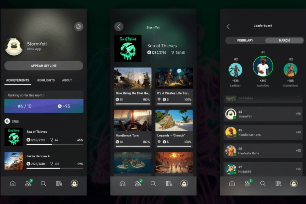 Three mobile app screens for the Xbox App. The first screen shows a user profile named StormYeti with achievements and game progress. The second scree