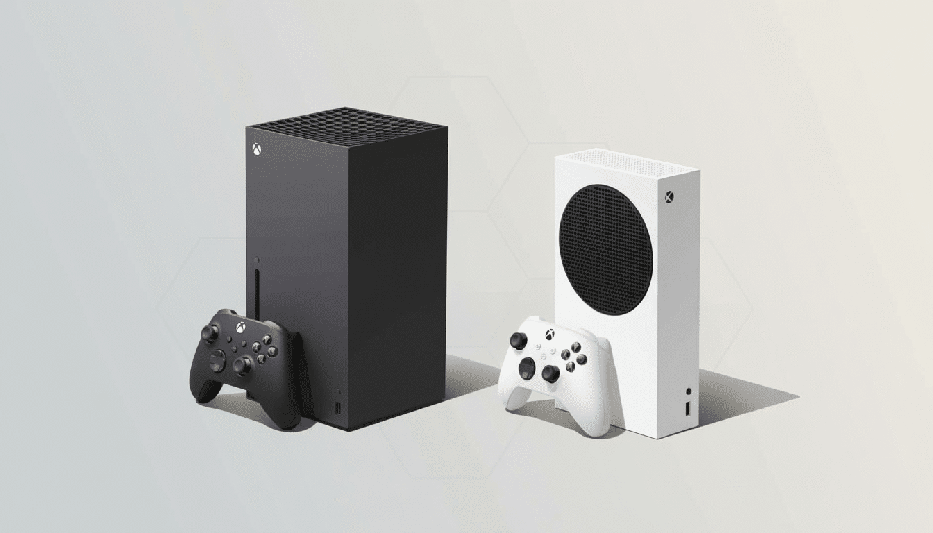 Two Xbox consoles, one black and one white, standing upright with their respective controllers in front of them, set against a subtle , professionally designed background with soft geometric patterns.