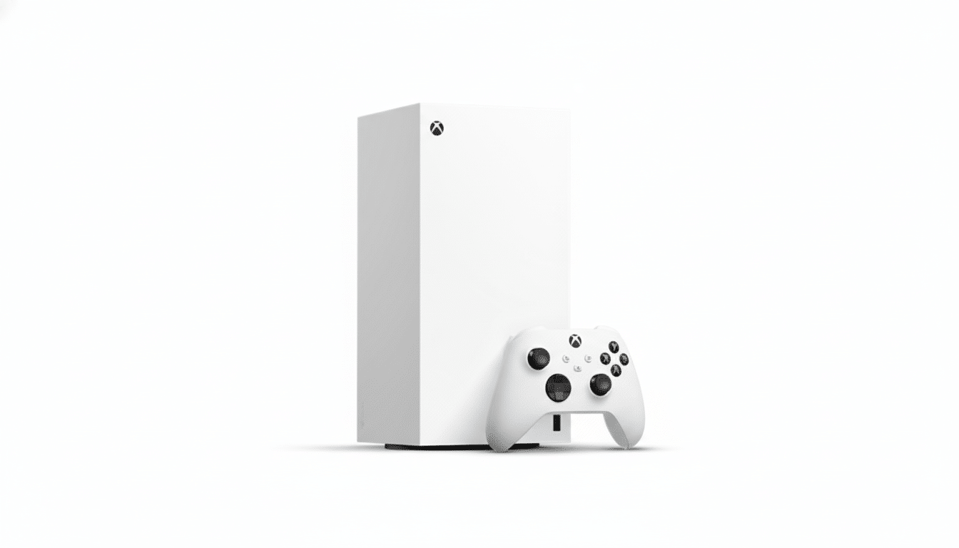 White Xbox Series S console standing upright next to a white Xbox controller , both on a clean white background.