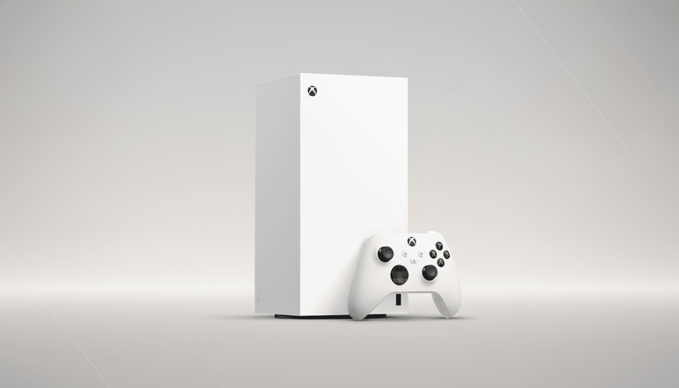 A white Xbox Series S console standing upright next to a white Xbox controller , presented on a subtle gradient background with geometric patterns .