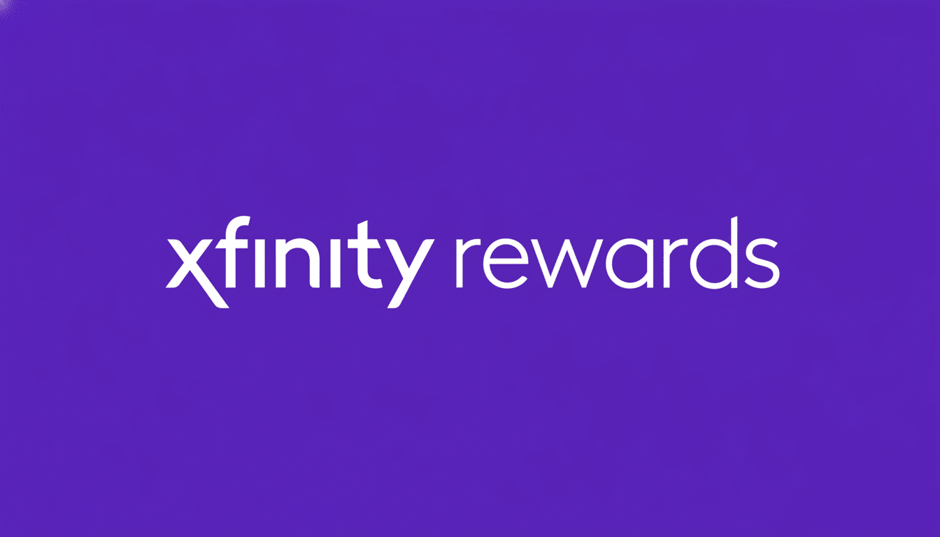 The Xfinity Rewards logo, displaying xfinity rewards in white text on a solid purple background. The image has been resized to a 1 6:9 aspect ratio while maintaining the original background .