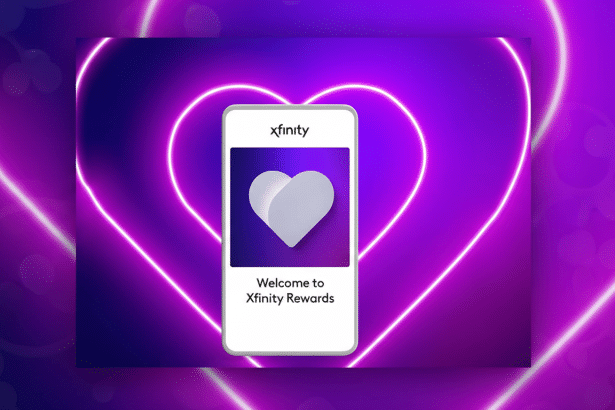 A smartphone displaying the Xfinity Rewards welcome screen, with a white heart icon on a purple gradient background, set against a vibrant neon heart outline on a dark purple background .