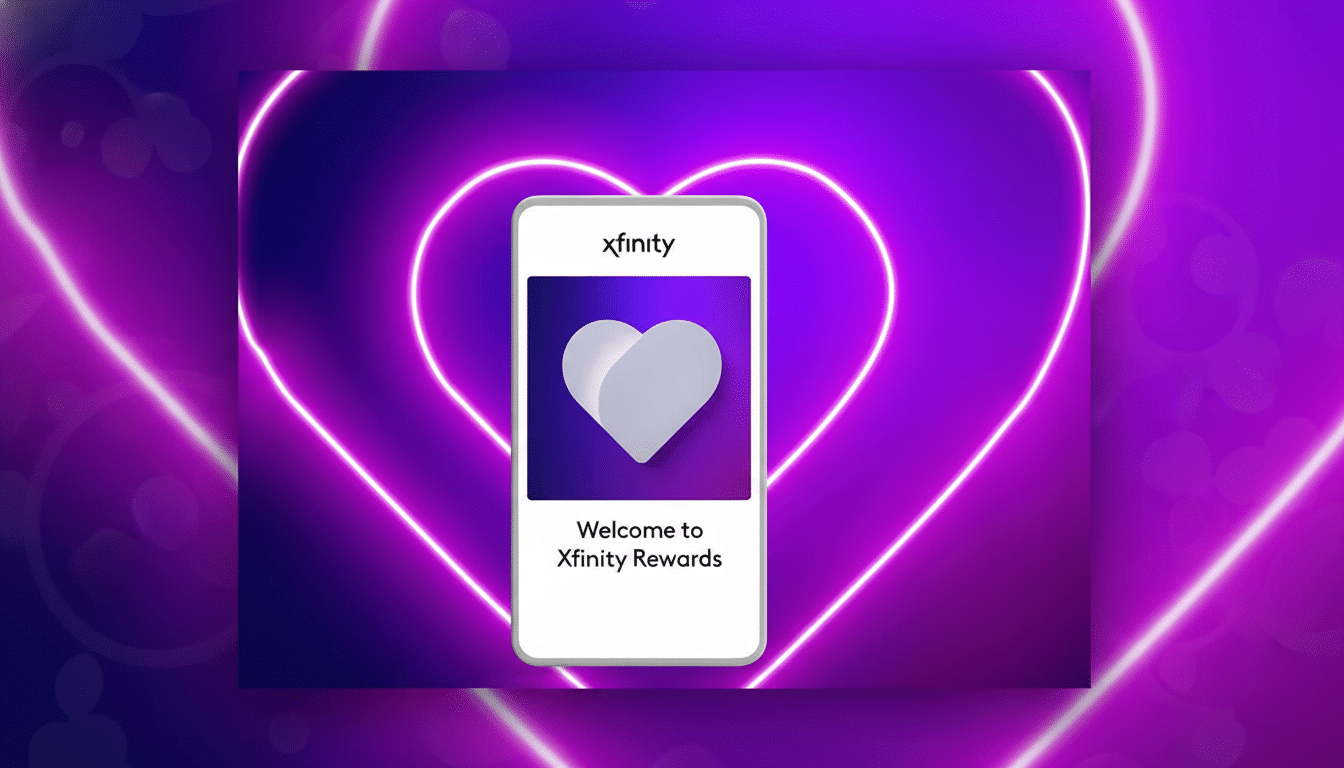 A smartphone displaying the Xfinity Rewards welcome screen, with a white heart icon on a purple gradient background, set against a vibrant neon heart outline on a dark purple background .