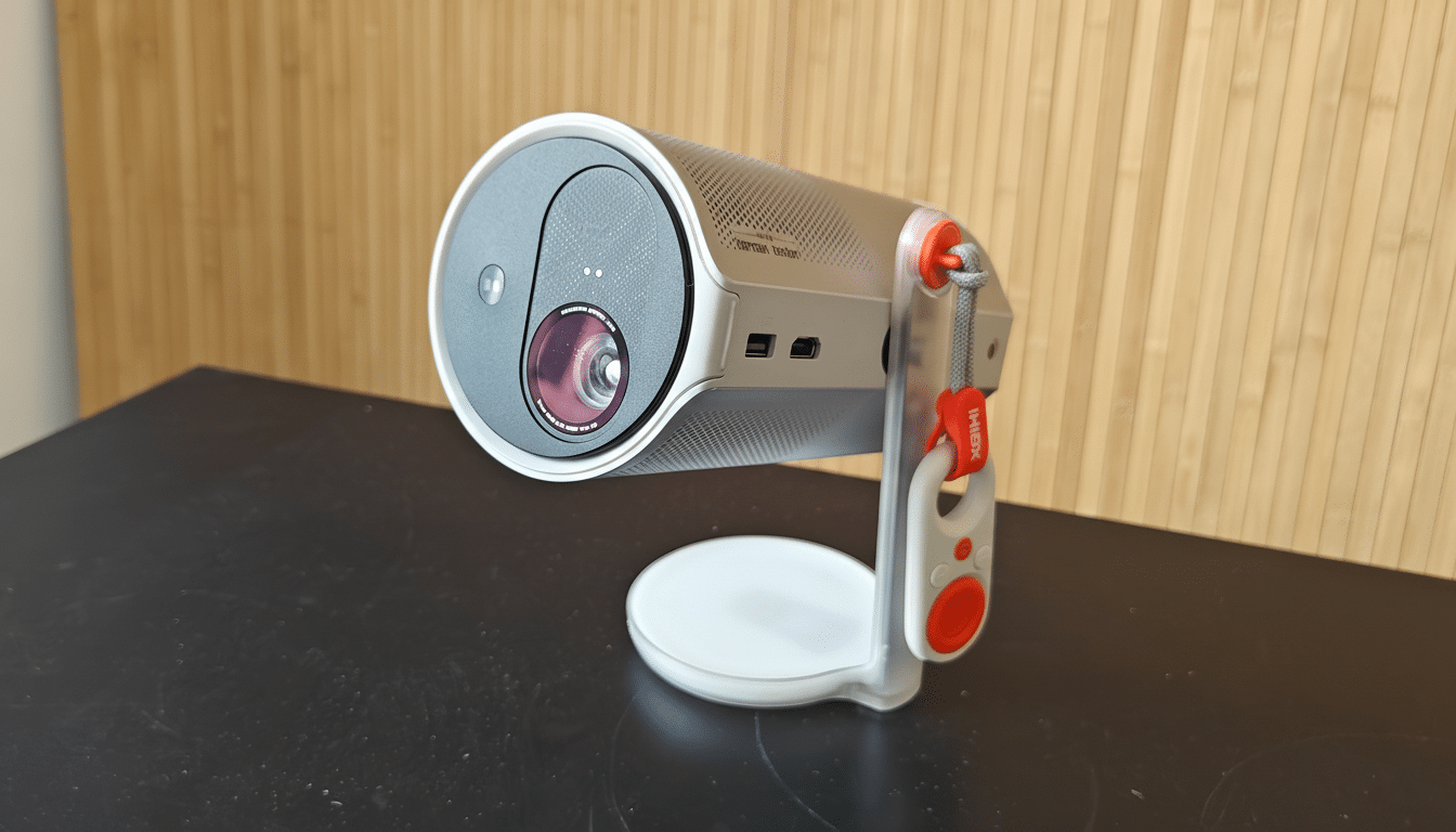 A professional shot of a white and silver portable projector with a red strap , resting on a dark surface with a light wooden background , presented in a 16:9 aspect ratio.