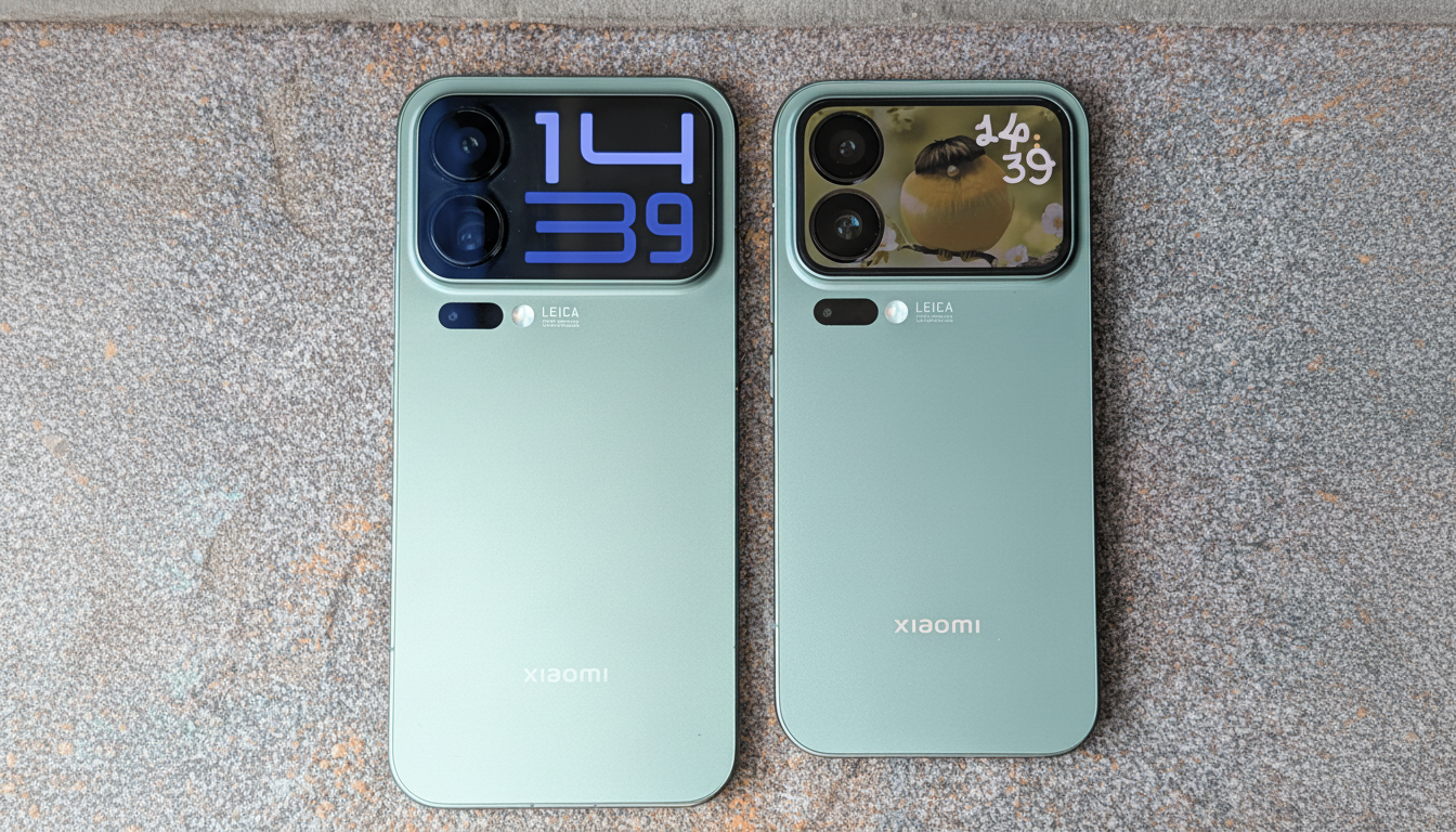 A top -down view of two light green Xiaomi phones with prominent camera modules , laid on a speckled grey surface. The left phone displays 14 3 9 in blue digital numbers , while the right phone shows a small bird and 1 4 39 in a more stylized font. Both phones feature LEICA branding .