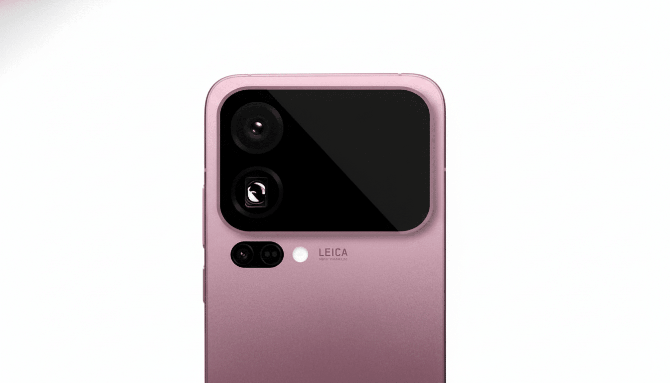 A close-up view of the top portion of a rose -gold smartphone, featuring a large, rectangular black camera module with two main lenses and a smaller c
