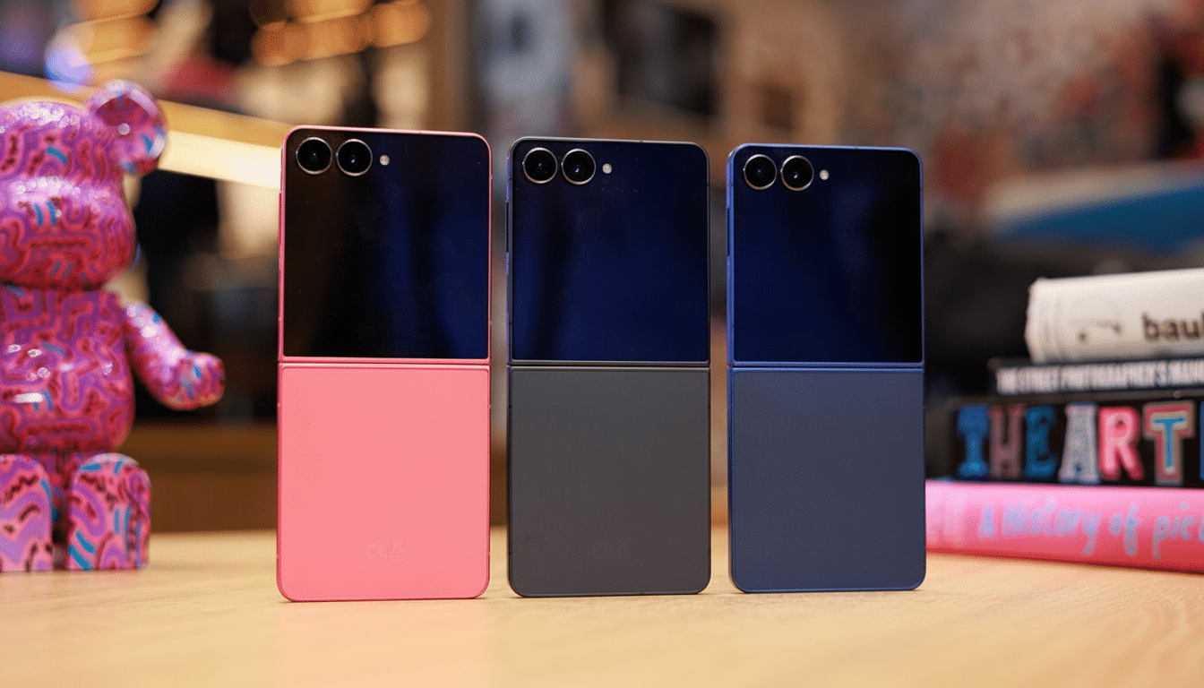 Three Samsung Galaxy Z Flip phones in pink , black, and blue, standing upright on a wooden surface with a blurred background featuring a pink bear figurine and books.