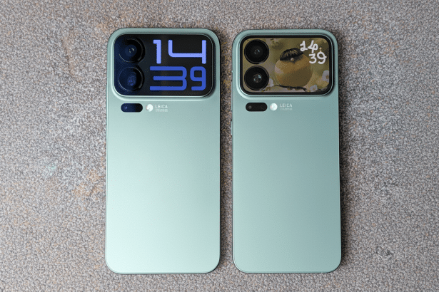 Two light green smartphones with prominent camera modules and display screens, one showing a digital clock and the other a bird wallpaper , are positioned side-by -side on a textured grey surface. Filename : dual greensmart phones1 69. png