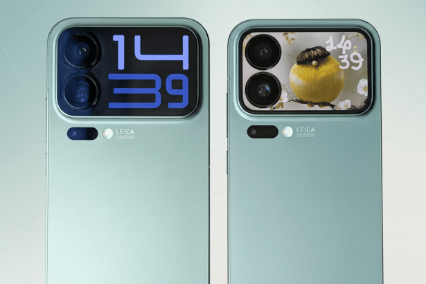 Two green smartphones are shown side -by-side, with the left display showing a digital clock and the right displaying a small yellow bird on a branch.