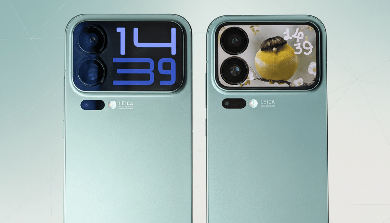 Two green smartphones are shown side -by-side, with the left display showing a digital clock and the right displaying a small yellow bird on a branch.