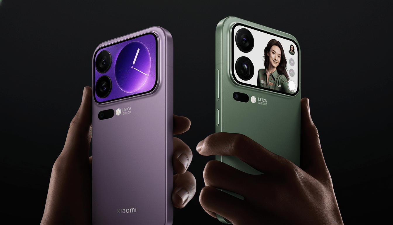 A pair of hands holding two Xiaomi smartphones, one purple and one green, with the green phone displaying a woman on its screen.