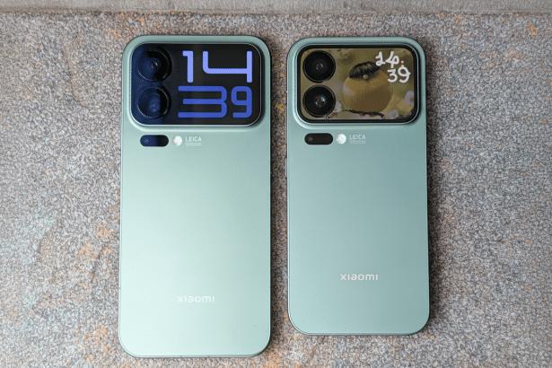 A top -down shot of two light green Xiaomi smartphones, showcasing their camera arrays and screens . The phone on the left displays 14 3 9 in a blue digital font, while the phone on the right shows a small bird on its screen with 14 3 9 in the upper right corner . Both phones have LEICA and xiaomi branding visible on their backs .