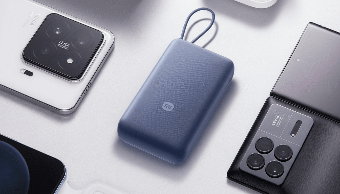 A blue portable power bank with a Mi logo, surrounded by various smartphones on a light gray surface, resized to a 16: 9 aspect ratio.