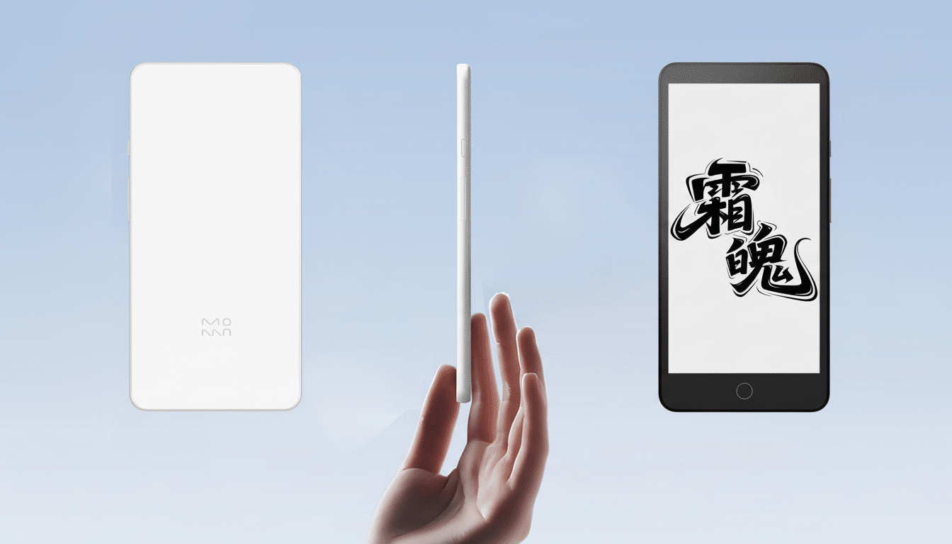 Three smartphones displayed: one white, one held by a hand showing its slim profile, and one black with Chinese calligraphy on the screen.