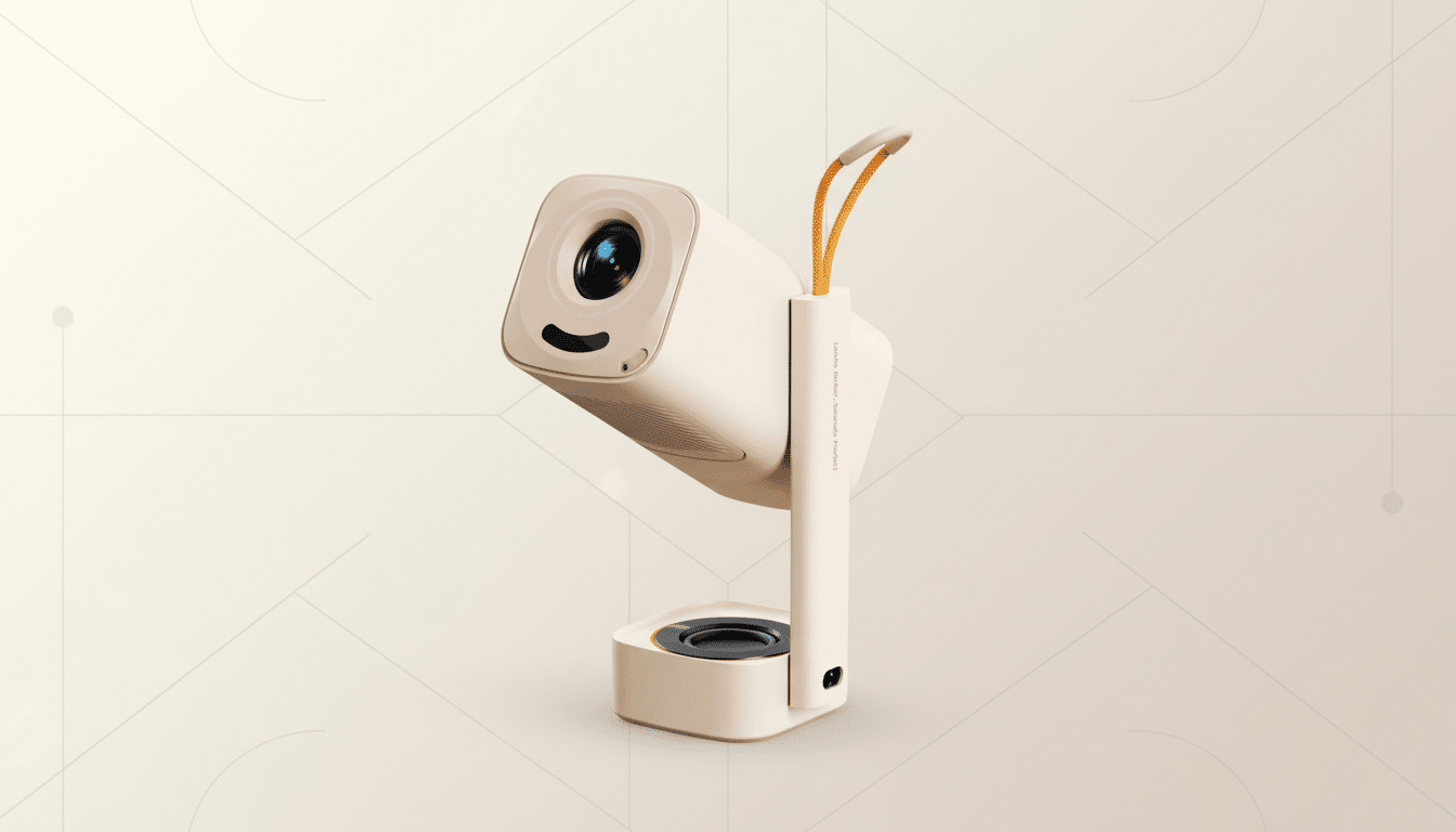 A modern beige portable projector with a black lens and a small orange strap , set against a subtle, light beige geometric pattern background. Filename : beigeportable projector. png